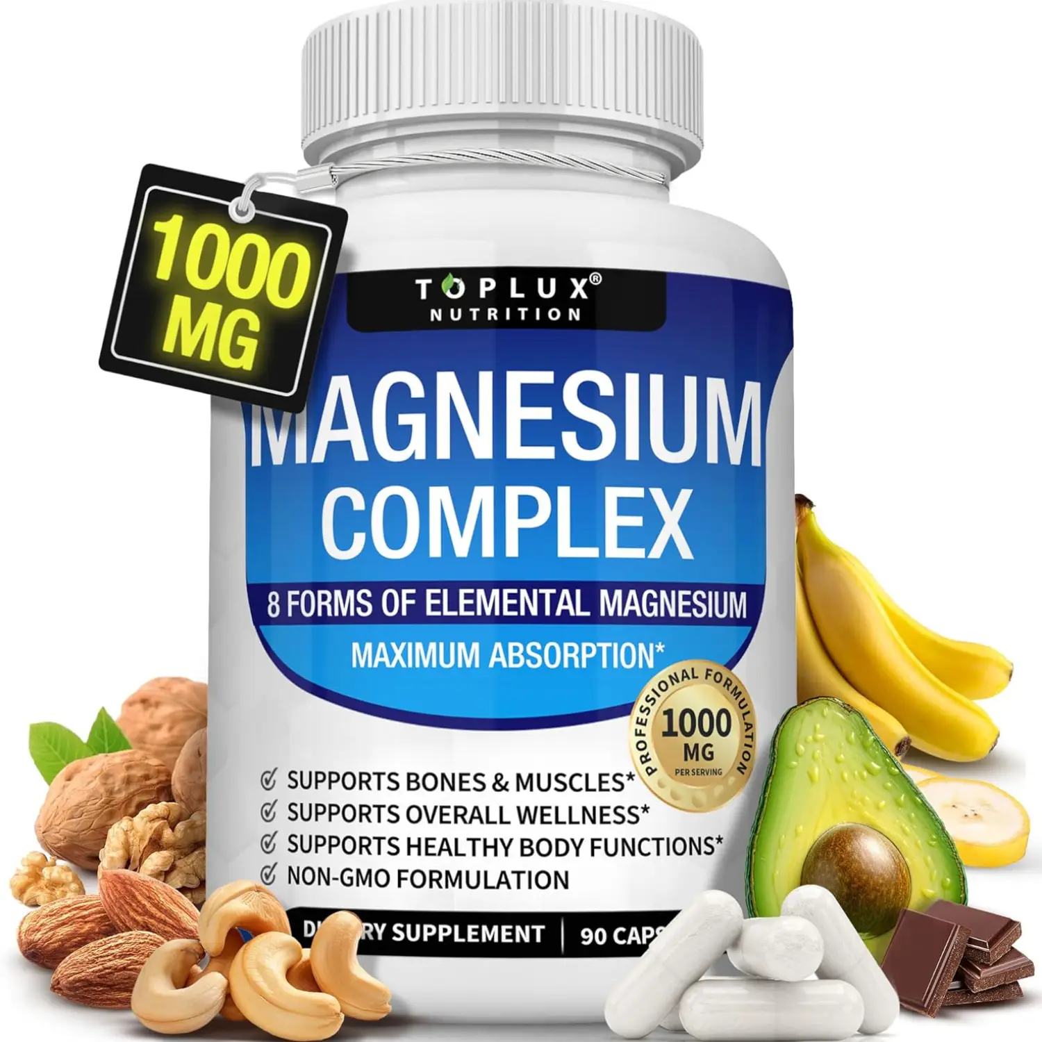 Magnesium Complex Supplement 8 Elements 1000mg - Magnesium Glycinate, Citrate, Malate, Taurate, Chelated, Easy Absorption for Bones, Muscles, Recovery