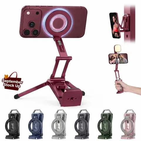 OMOTON TP02-Pro 5-in-1 Folding Smartphone Travel Tripod - Magnetic Mobile Mount, Arca-Type Base with 1/4" Screw Hole, Adjustable Rotating Stand, for iPhone 12-18 Series, Selfie Vlogging Equipment Phone Accessory