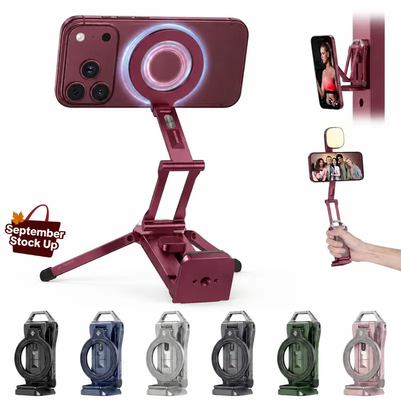 OMOTON TP02-Pro 5-in-1 Folding Smartphone Travel Tripod - Magnetic Mobile Mount, Arca-Type Base with 1/4" Screw Hole, Adjustable Rotating Stand, for iPhone 12-18 Series, Selfie Vlogging Equipment Phone Accessory