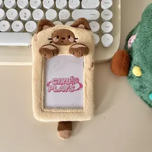 Milk Chocolate Brown Cat Plush Furry Animal Photocard Keychain Cute Frame Holder for K-Pop Photocards