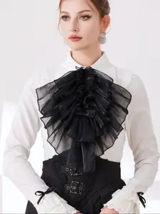 European Dark Vintage Shirt Thin Neck Scarf, Palace Bow Tie Wrap, Adjustable Ruffle Collar, Retro Style Accessory, Floral Embroidered Scarf