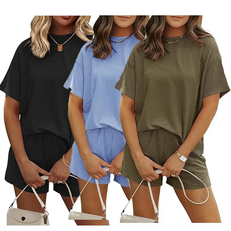 Women's 2 Piece Outfits Summer Tracksuit Ribbed Textured Knit Loose Lounge Shorts Set beachTravel Outfits Gym outfit tennis Workout Pajamas light & airy Womenwear Casual Elastic Loungewear Minimalist Chic back to school