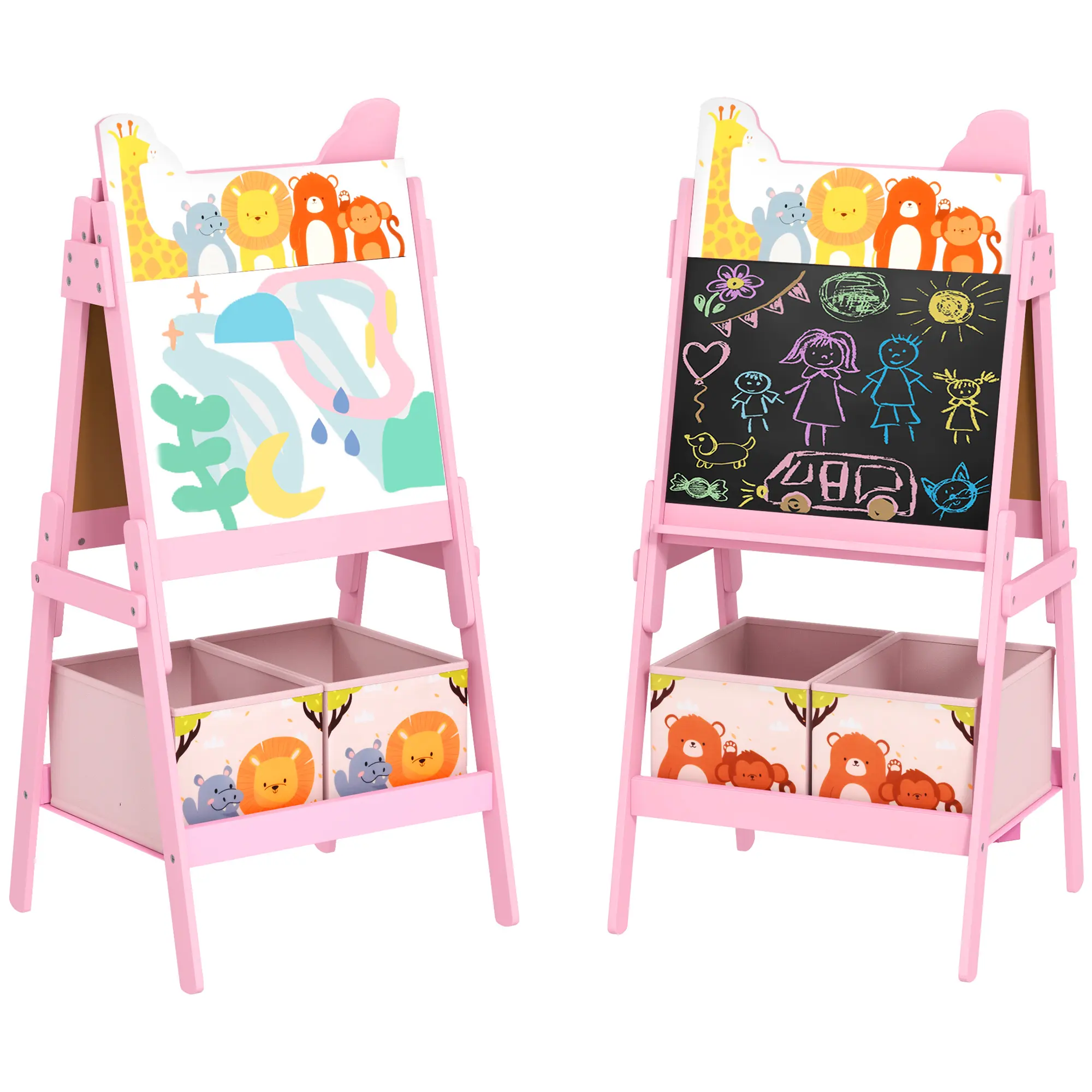 Double-Sided Easel with Whiteboard, Chalkboard & Storage Boxes – 2-in-1 Design for Painting, Drawing & Educational Games. Cute Pattern. 2 Storage Boxes Keep Supplies Organized. MDF Construction. Blue. Ages 3-8. 21.1"L x 19.3"W x 44.5"H