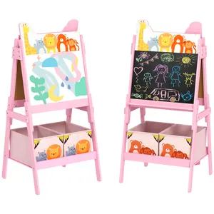 Double-Sided Easel with Whiteboard, Chalkboard & Storage Boxes – 2-in-1 Design for Painting, Drawing & Educational Games. Cute Pattern. 2 Storage Boxes Keep Supplies Organized. MDF Construction. Blue. Ages 3-8. 21.1"L x 19.3"W x 44.5"H