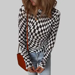 Dear-Lover Women's Checkered Mesh Mock Neck Long-Sleeve Blouse, Slim-Fitting Stretchy Polyester 1-Piece Top, Comfortable Casual Everyday Shirts for Women lc25226716-p220