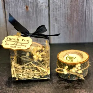 Tealight Candles in Wood Holder with Real Dry Flowers All Natural Soy Wax & Natural Essential Oils Wedding Party Birthday Favors Gifts Decor Ornaments Woody Wooden