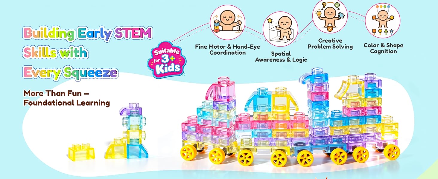 JOY SPOT Soft Jelly Blocks , Squishy Multi-color Stacking Jelly Building Blocks Toy Set, Non-toxic Sensory Tactile Play Toy Safe Squishy Squeezable & Stretchable Fun, Puzzle Blocks for Kids Early learning Preschool STEM Creative Construction Age 2+