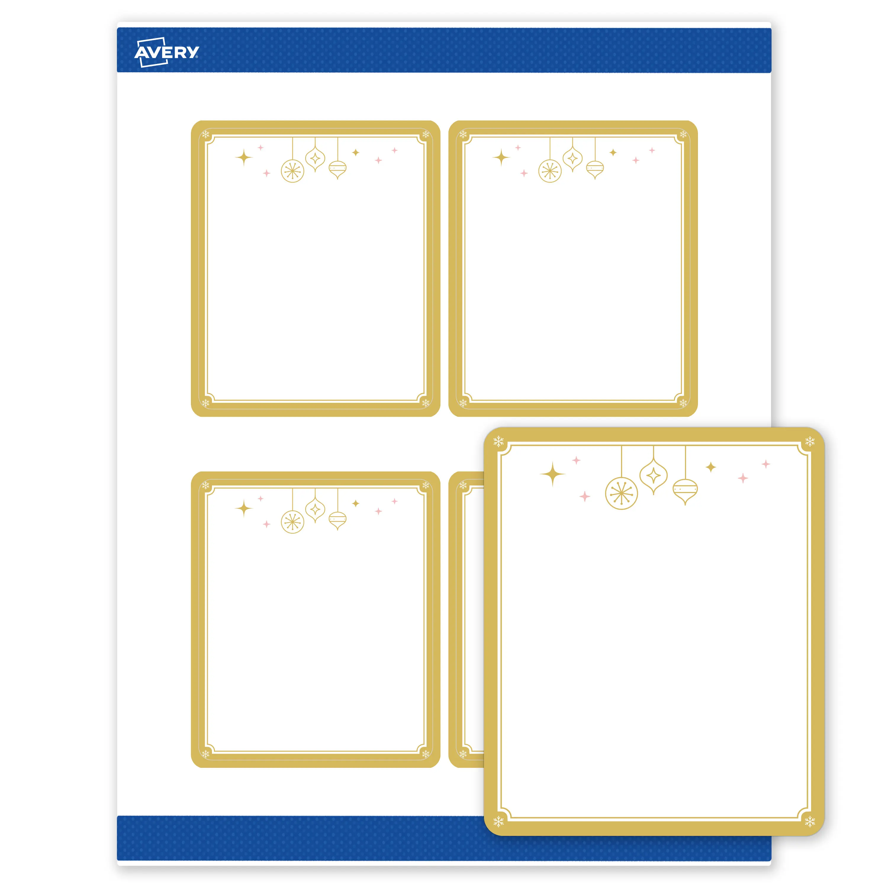 Avery® Printable Christmas Labels with Sure Feed® Technology, Rectangle, 4" x 3-1/3", Pre-Printed Metallic Gold Hanging Ornaments Design, Matte White, Laser & Inkjet Compatible, 40 Total