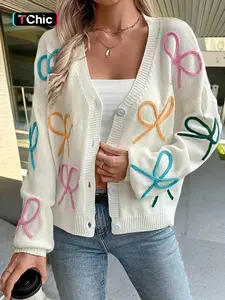 Sweet Temperament Three-dimensional Flower Loose Long Sleeve Sweater Autumn Winter Colorful Bow V Neck Sweater Cardigan Women Knit Cardigan