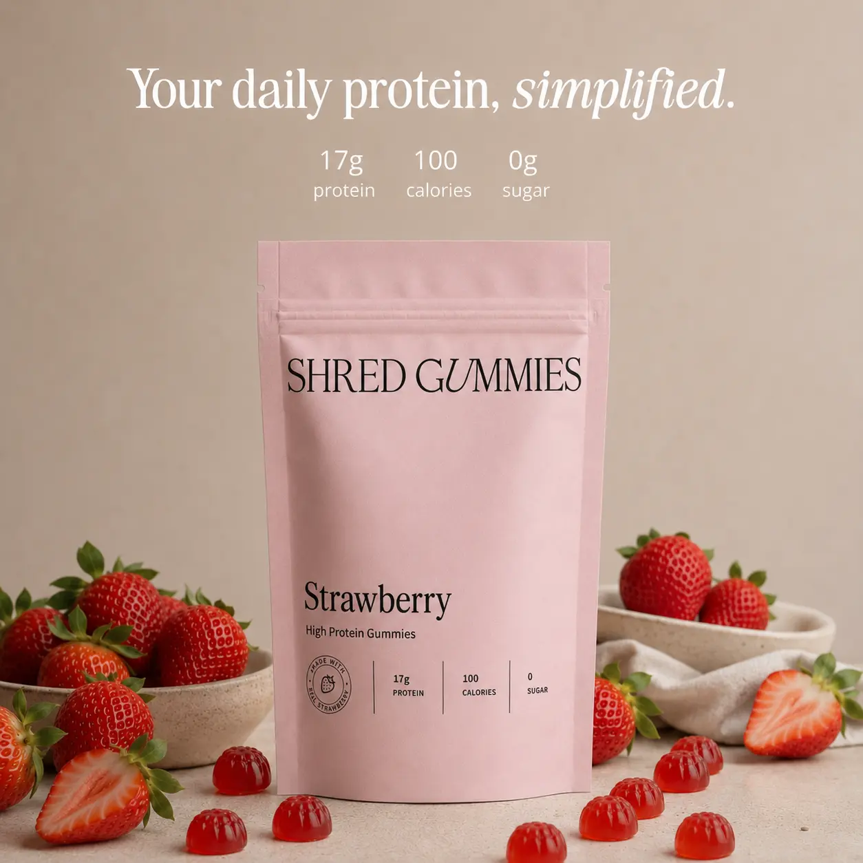 Shred Strawberry Protein Gummies - 20 Pouches, Protein Supplement, Fitness Dietary Healthcare Product