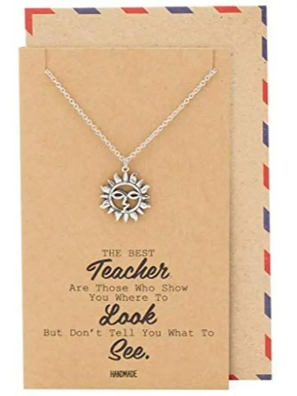 Quan Jewelry Silver-Tone Stainless Steel Sun Motif Pendant Necklace, 16-18in Adjustable Chain, Handmade Best Teacher Charm with Inspirational Quote Card, Casual Daily Wear Gift for Teachers (Birthday, Christmas), Solid Pewter