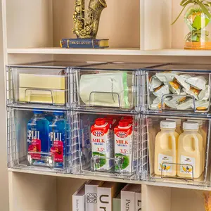 2Pack Large Stackable Kitchen Storage Drawers, Clear Foods Organizer Bins with Handles, Easily Assemble for Bathroom, Kitchen, Pantry, Cabinet, Closet(XL-Down Handle)