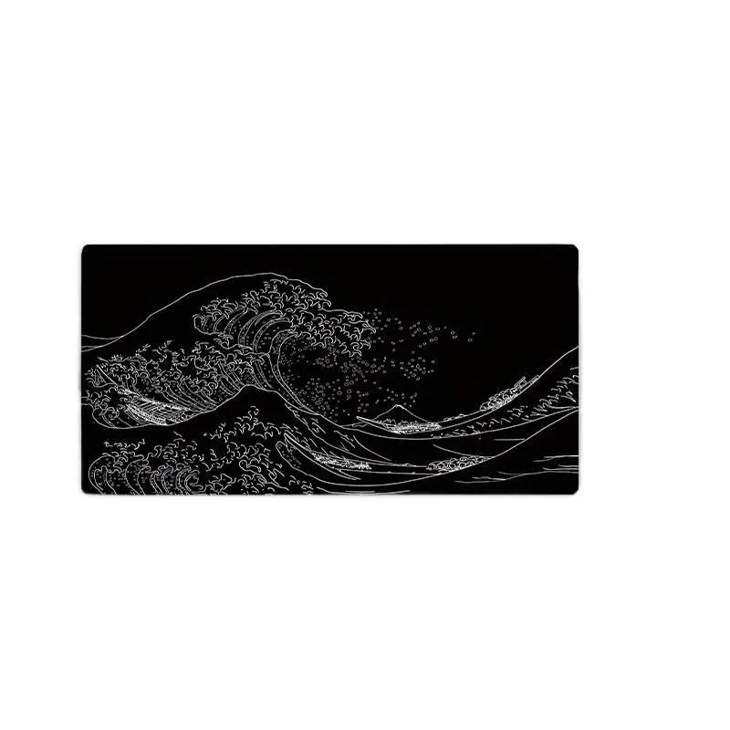Large Japanese-style black wave mouse pad, extended gaming mouse pad, study pad, office pad, stitched edges, rubber base keyboard and mouse pad, Size 24×12 inches