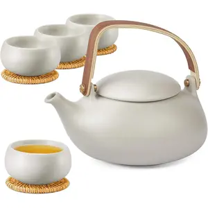 Set, 27oz Ceramic  Teapot with Infuser,  Handle Matte Gray Teapot with Strainers and 4 Cups for  Party, Women's