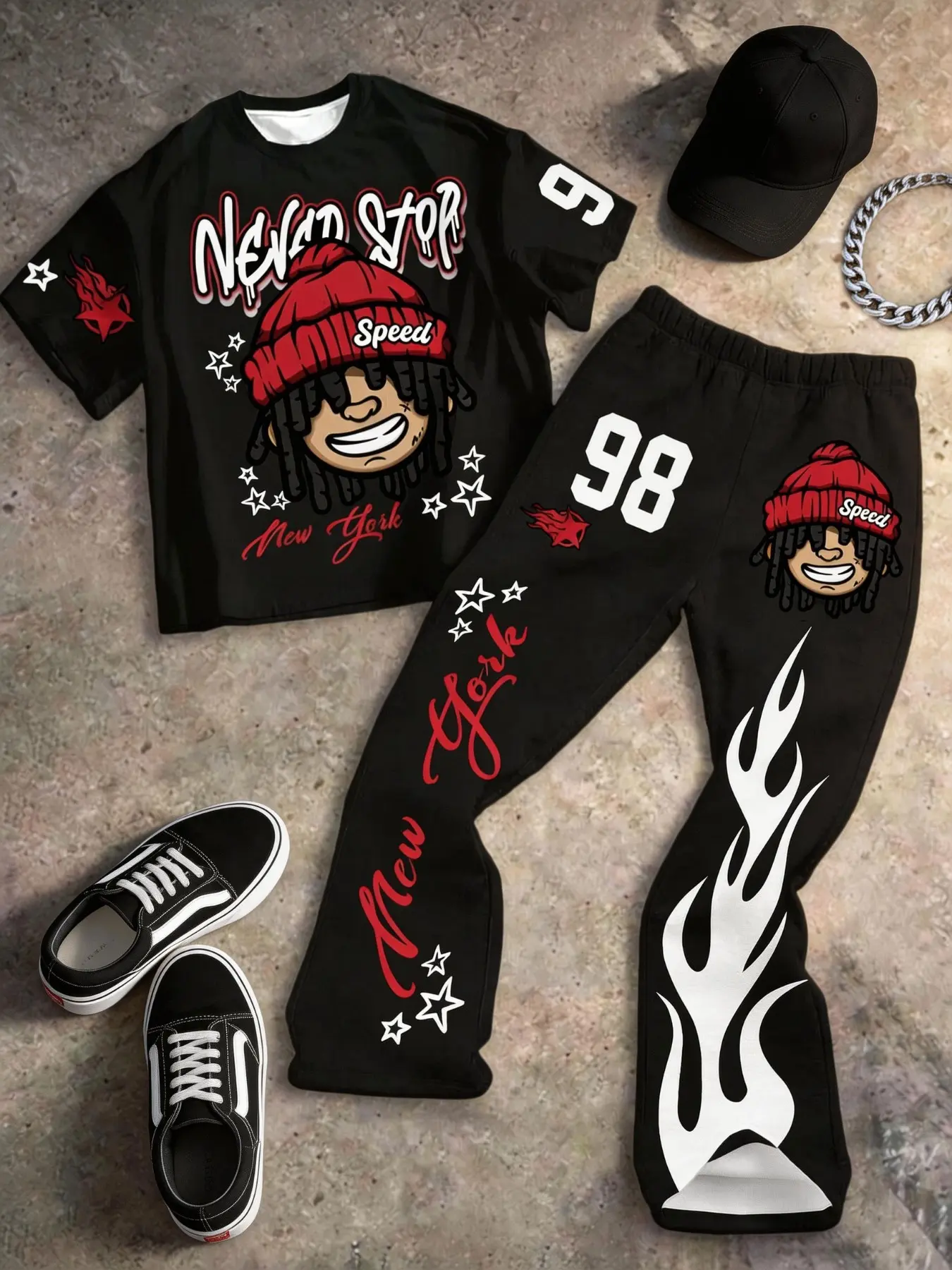 Boy's Casual Fashion Cartoon Character Set, Summer Clothing Set, Ny Text, Flame, Star Patterns, T-Shirt and Bell Bottoms, Spring Summer, Outfit Sets