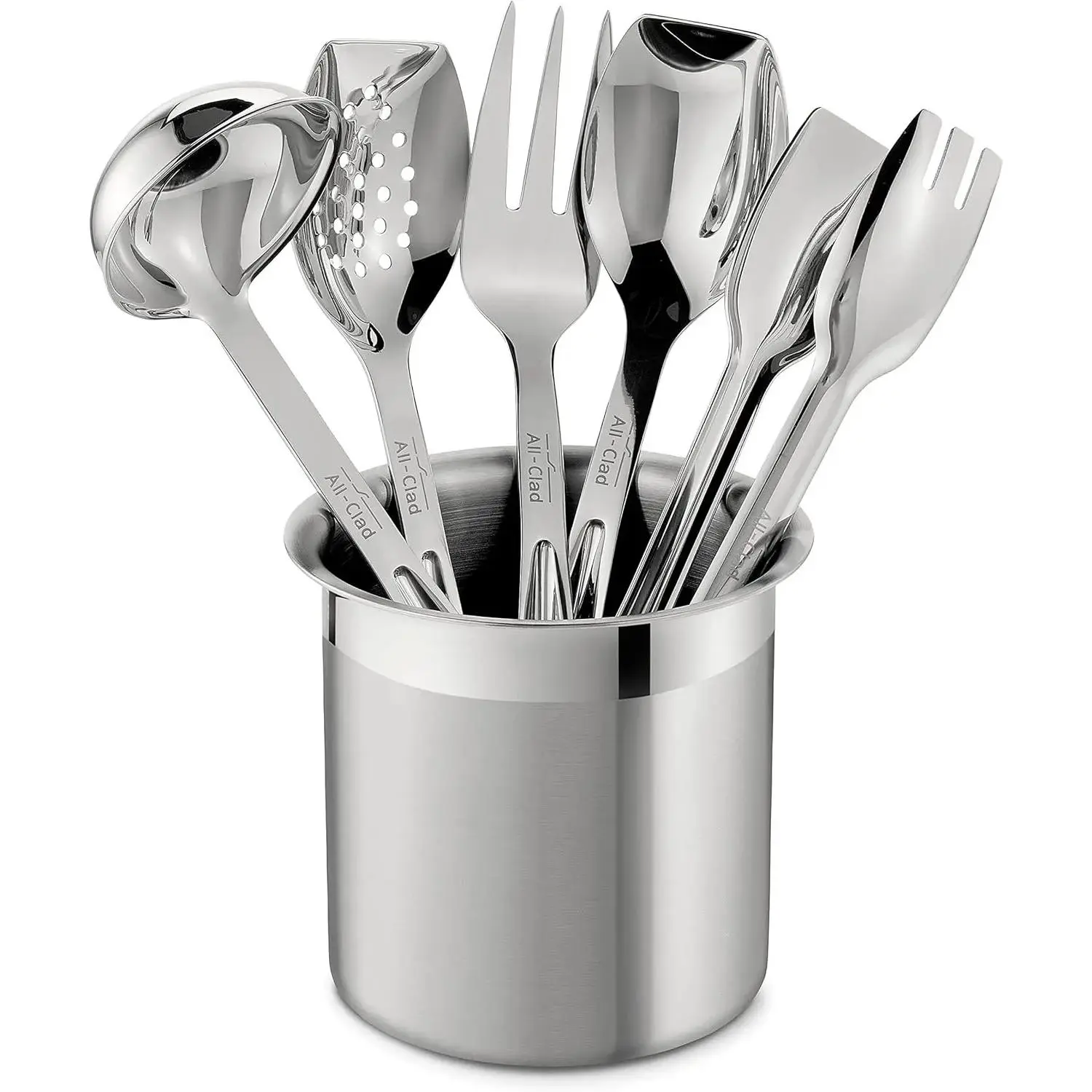 All-Clad Specialty Stainless Steel 5-Piece Kitchen Gadget Set with Utensils, Hanging Caddy, Slotted Spoon, and Ergonomic Handles, Mirror Polish