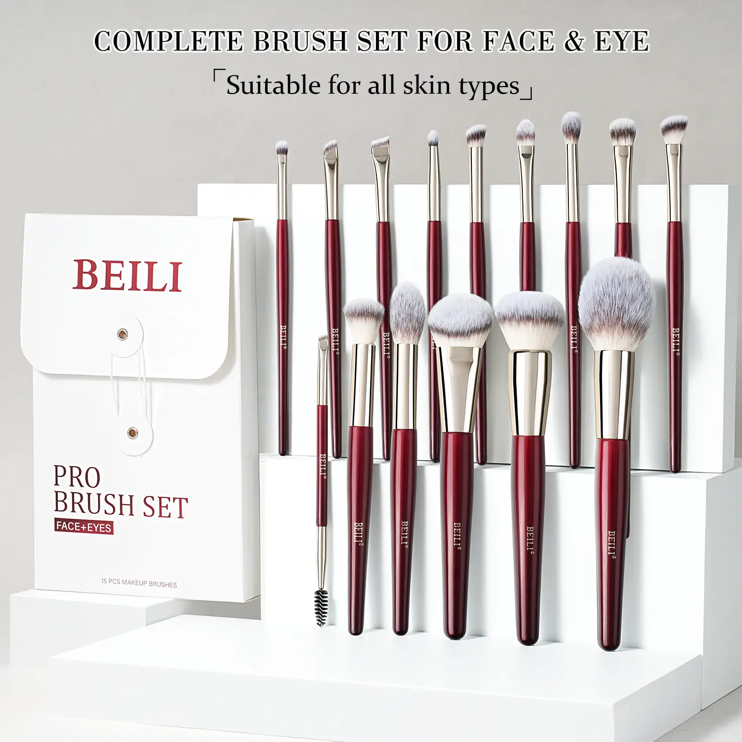 BEILI 15-Piece Vegan Makeup Brushes Set - Professional Cruelty-Free Kit with Soft Synthetic Nylon Bristles, Odorless Ergonomic Handles, Ideal for Foundation, Blush, Eyeshadow, Powder, Perfect Gift for Women (Girlfriend, Sister, Wife) on Key Occasions