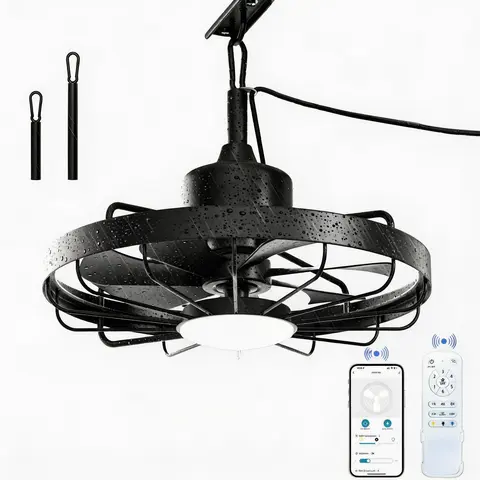 20-In Water-Resistant Smart Caged Ceiling Fan with LED Ambient Light, 7 Blades, 3CCT Reversible Dimmable Lights, Remote & APP Control, IP65 Rated for Rain & Damp Patios, Plug-and-Play Hanging Household Appliance