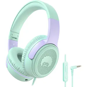F-HPS15  Share 1 Kids Headphones Wired with Microphone & Share Port, 85dB/94dB Volume Limited, Cute Foldable Student Child Boys Girls Headphones for School/Classroom/Travel Green/Purple