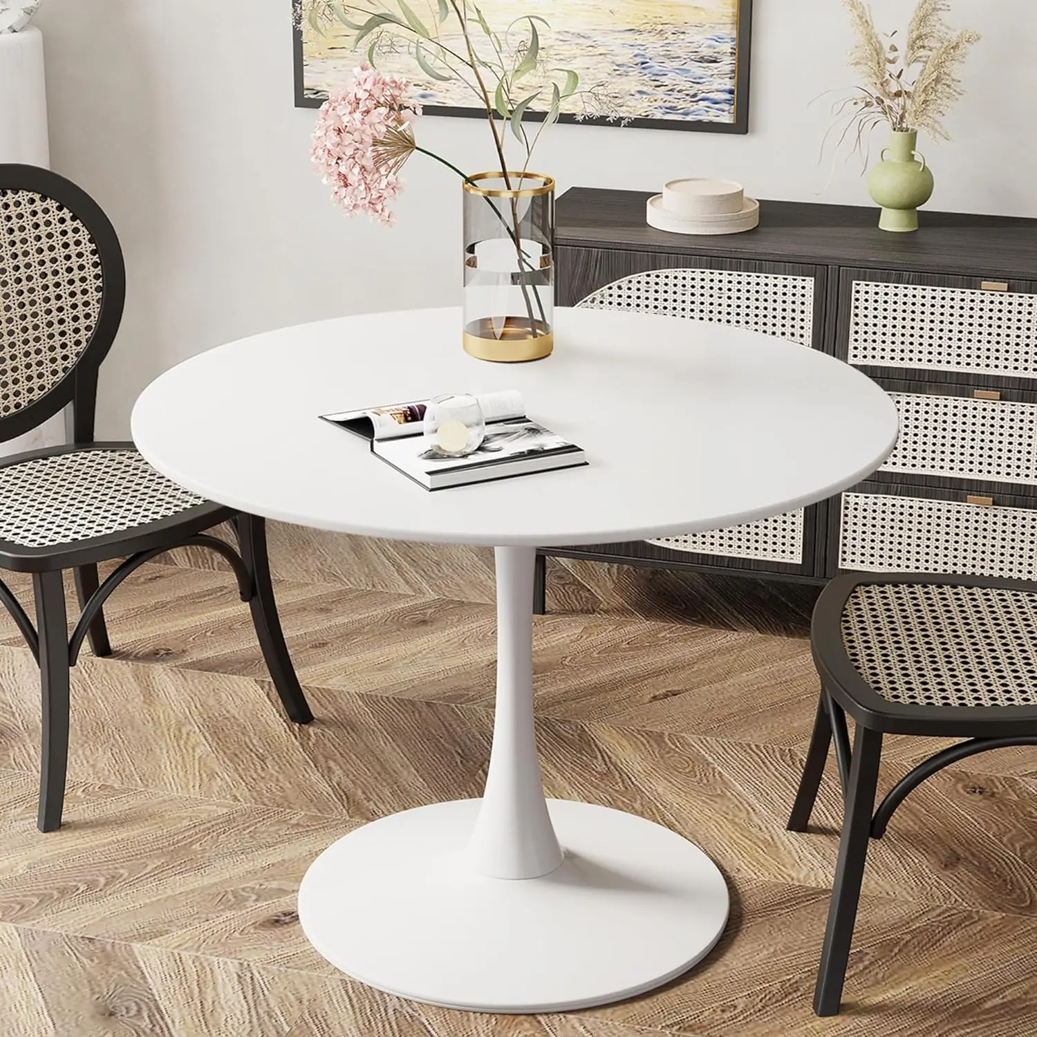 Recaceik Minimal Stylish Modern 31.5'' Round Tulip Dining Table - MDF Top with White Marble Finish, Metal Pedestal Base, Sturdy Versatile for Dining Room, Office - Clean, Durable, Stable Indoor Furniture