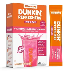 Dunkin Zero Sugar Refreshers Singles To Go! Powdered drink mix packets, Strawberry Dragonfruit Lemonade, 10 packets per box , Energy from Green Tea, aspartame-free, no synthetic colors, naturally and artificially flavored, just add water