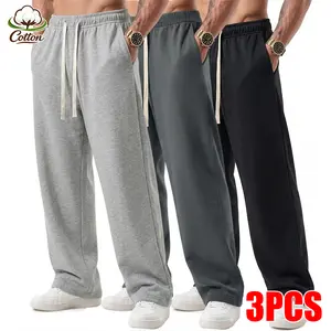 3-Pack Men's Soft Cotton Blend Sweatpants Relaxed Fit Straight Leg Drawstring Lounge Pants with Side Pockets Comfy Joggers for Home Workout Sleep