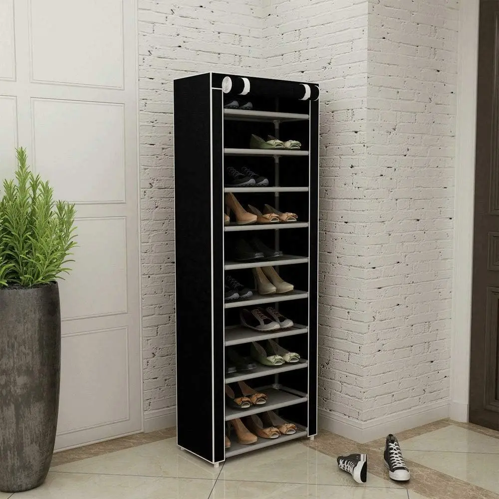 Kmart Metal 9 Tier Shelf Standing Closet Cabinet Storage with Cover Black Organiser Decor Room Shoe Rack Clear Waterproof Plastic Storage Rack