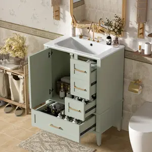 24.8" Bathroom Vanity with Ceramic Sink, Modern Freestanding Cabinet Featuring Soft-Close Door, Deep Drawer, Shallow Drawer & Wide Drawer for Space-Saving Storage