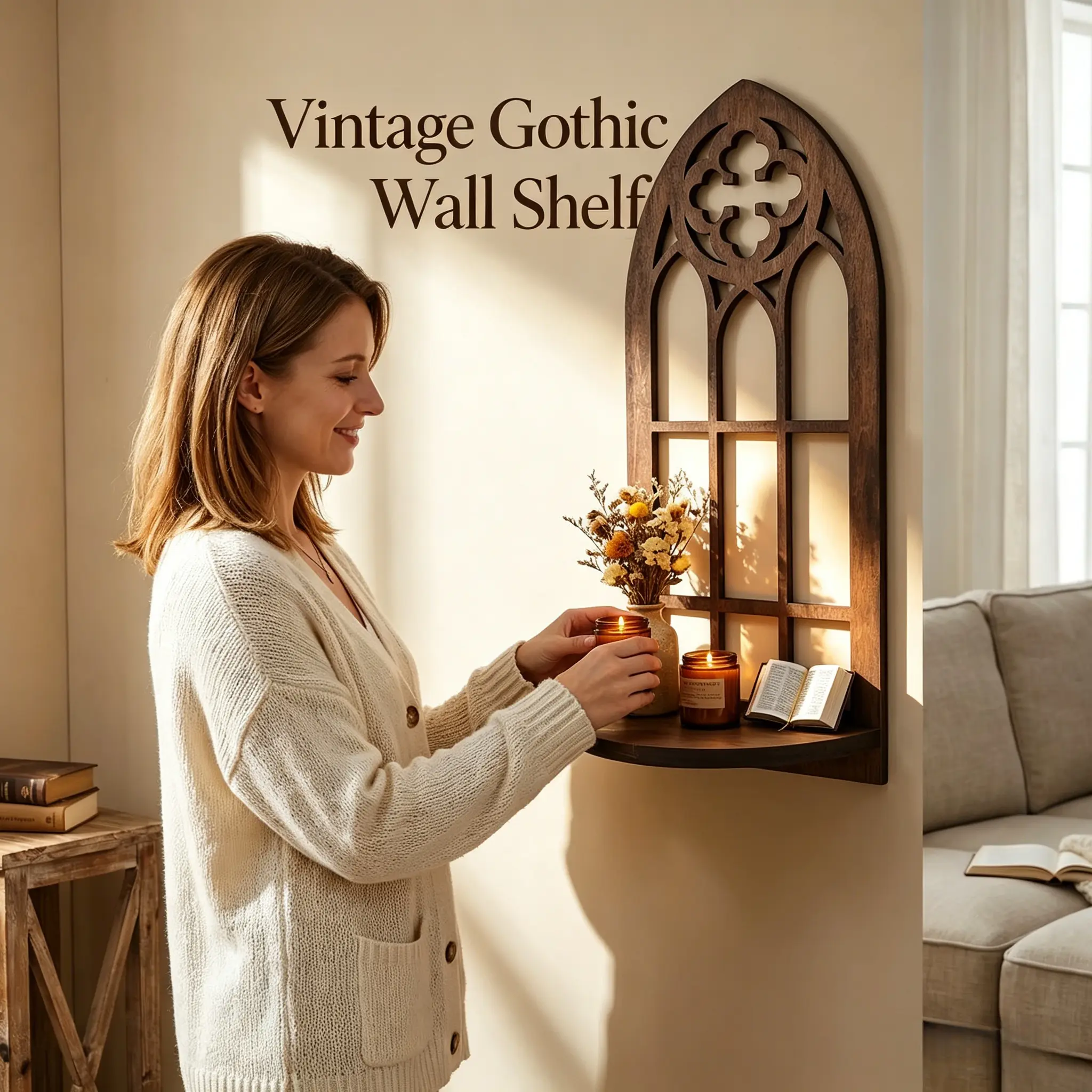 Gothic Cathedral Window Wall Display Floating Wall Shelf, Corner Wall Mount Storage Hooks and Shelves, Multi Tier Space Saving Plant Decor Rack for Kitchen Bathroom