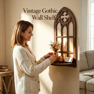 Gothic Cathedral Window Wooden Wall Shelf, 14in Tall Space-Saving Floating Altar Rack, Vintage Home Art Display for Candles, Plants, Crystals, Small Frames, Ideal Gift for Witchy Cool Aesthetic Room & House Decor (True Size as Pictured)