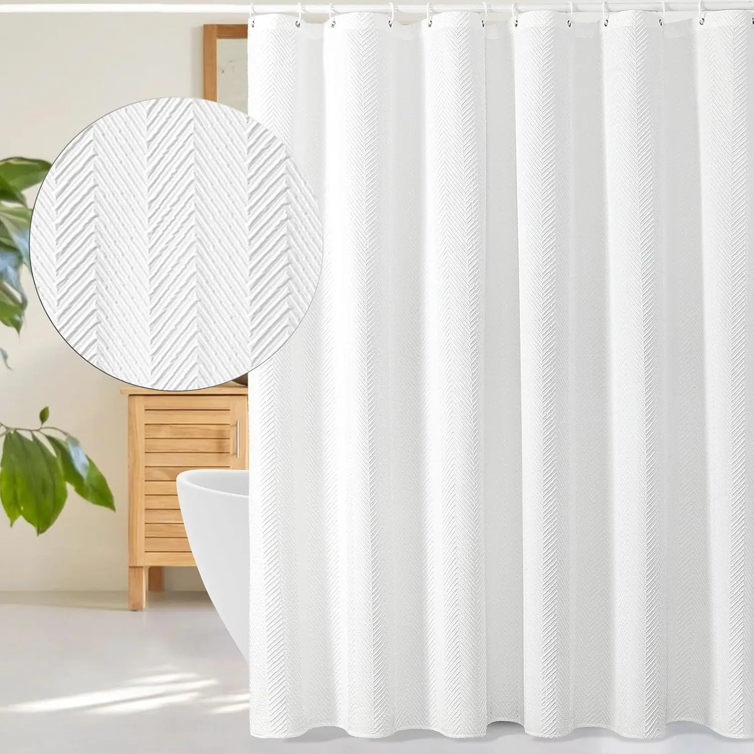 White shower curtain 3d embossed textured herringbone fabric modern farmhouse bathroom decor soft cloth curtain set with hooks 72x72