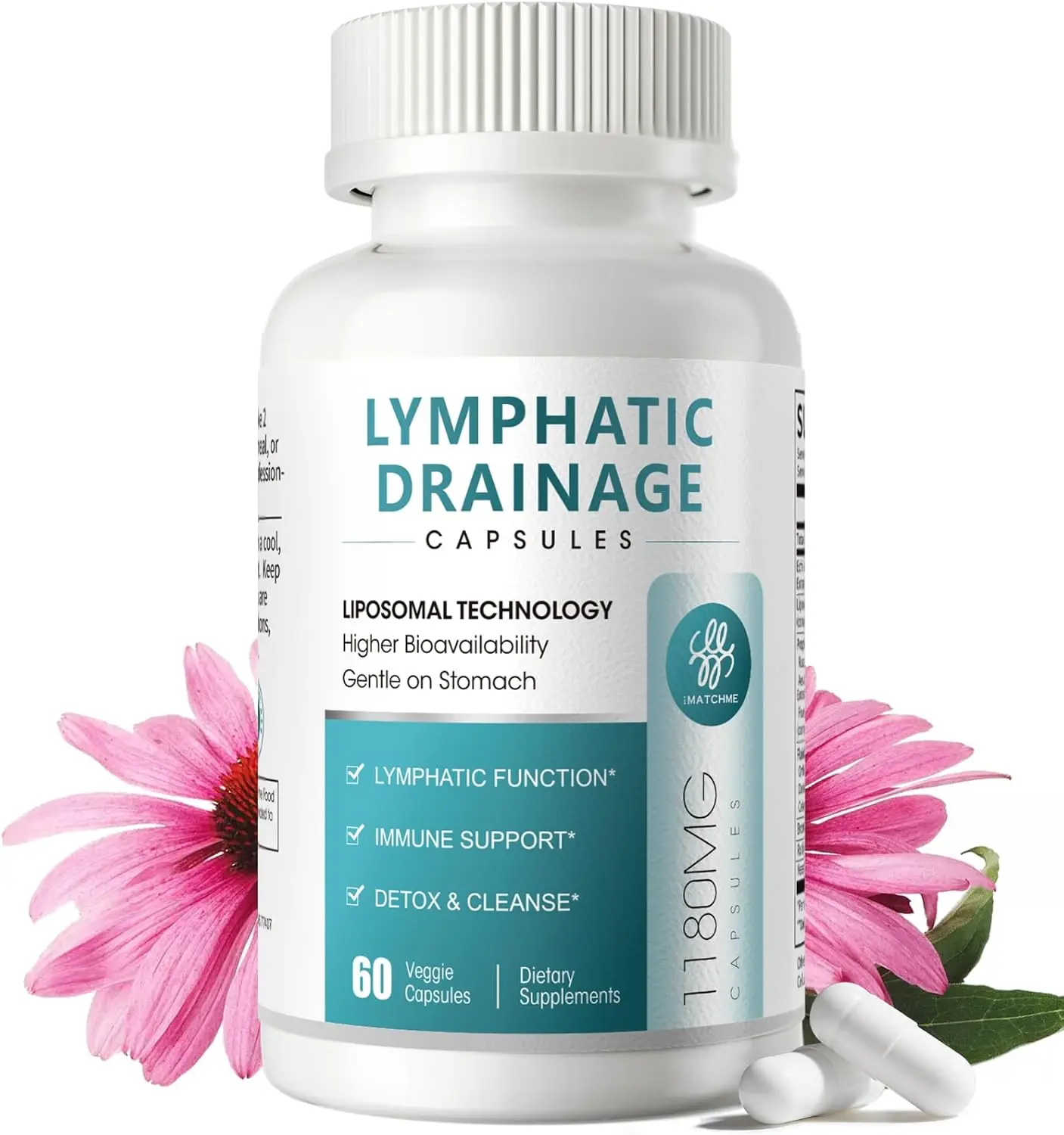 Lymphatic Drainage Supplements for Lymph System Support, Detox & Cleanse, Liver Health,Fluid Balance, Immune Support, Natural Herbal Blends with Echinacea, Liposomal Glutathione, 60 Capsules