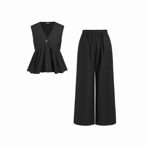 Cider Linen-blend V-neck Ruched Peplum Top & Mid Rise Wide Leg Trousers Set