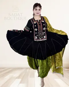 Elegant Black & Olive Traditional Afghan Dress