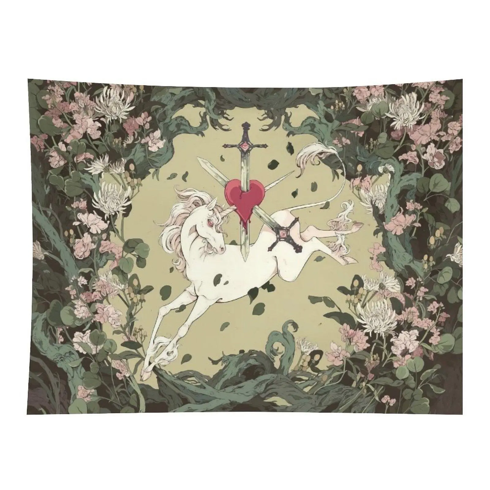 Vintage Unicorn Pierced By Swords Wall Tapestry Bleeding Heart Surrounded By Lush Wild Flowers Mystical Fairy Tale Art Home Wall Decor
