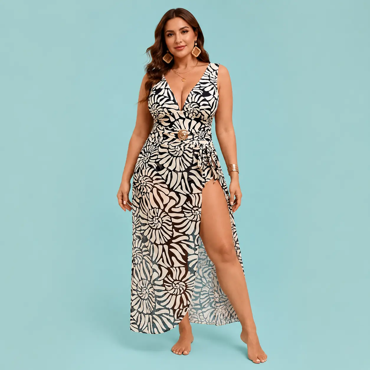Plus Size One Piece Swimsuit with Cover Up Skirt, Black and Cream Abstract Print Deep V Open Back Bathing Suit Set for Women, Resort Swimwear Set, Vacation Beach Poolside One Piece Swimsuit Matching Sheer Wrap Cover Up