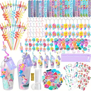 Mermaid Party Favors, Filled with Mermaid Themed Reusable Straws Slap Bracelets Stickers Keychain Stamps Ring Stickers, Mermaid Birthday party supplies party decorations of Girls