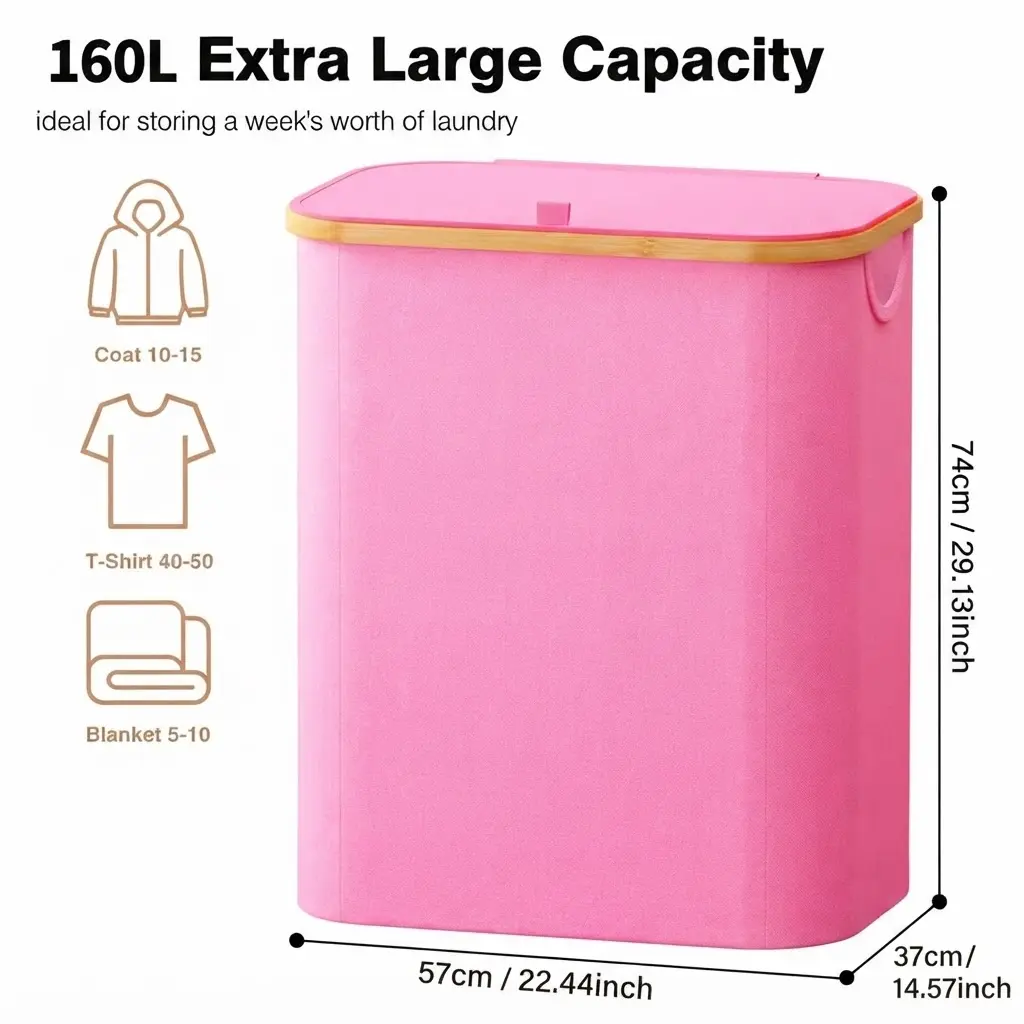 160L Rectangular Plain Laundry Hamper Basket with Lid, 3-Section Removable Mesh Divided Bags, Extra Large Sorter for Bedroom, Laundry Room Home Organizer Storage Box