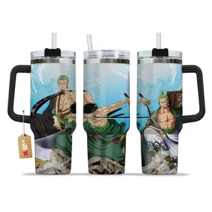 STORMMECH- Roronoa Zoro 40oz Handle Tumbler – Pirate Hunter Anime Stainless Steel Travel Mug, Santoryu Sword Style Cup, Double Wall Thermal Drinkware, Large Iced Coffee Tumbler, Otaku Gift for Anime Fans