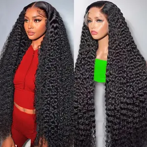28Inch 13x4 Deep Wave Lace Front Wigs Human Hair for Women 180% Density HD Transparent Deep Curly Lace Frontal Wigs Human Hair Pre Plucked with Baby Hair