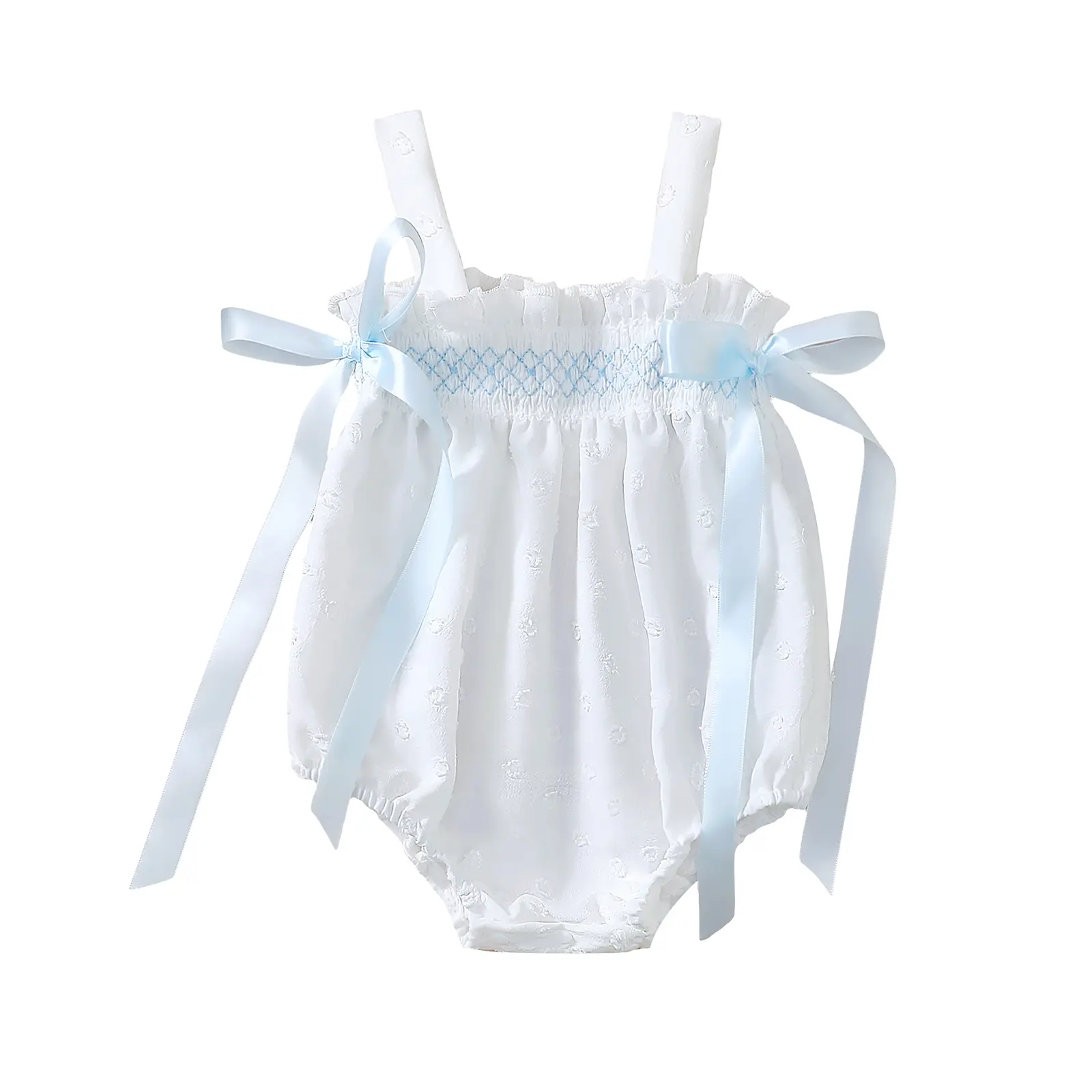 Baby Girl Summer Romper Floral Jacquard Sleeveless Suspender Romper with Satin Bow