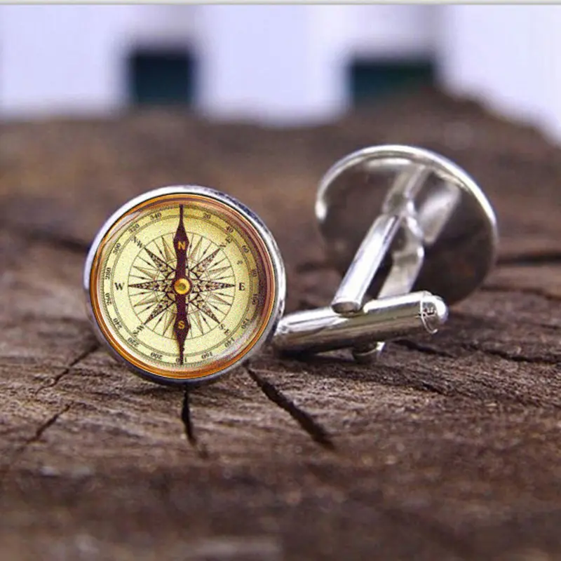 Vintage Compass Time Gem Cufflinks - Formal, Metal-Toned, Round Cuff Links for Men's French Shirts, Suit Cuff Studs, Clothing Accessory Buttons, Formal Cuff Links