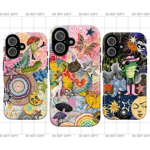 Whimsical Collage iPhone Case Set, Colorful Fantasy Phone Covers with Frogs, Unicorns, Butterflies, Moons and Mushrooms, Magical Aesthetic Protective Cases for iPhone 7 8 X XR 11 12 13 14 15 16 Plus Pro Max and Samsung S21 S22 S23 S24 Ultra