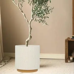 8.86 Inch Ivory/ Vertical Stripe Plastic Flower Pot, Home Decor Planter, Rubber Tree & Olive Tree Container, Indoor Outdoor Plant Holder