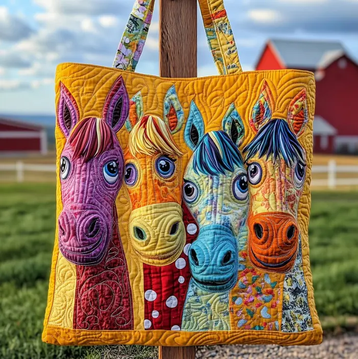 Quilted Polyester Tote Bag, Colorful Horse Folk Art Print, Bohemian Artistic Style, For Women Ladies Daily Shopping Travel Work, Large Capacity Single Piece, Soft Lightweight Spacious Shoulder Handbag, Unique Decorative Farm Animal Pattern Gift Bag