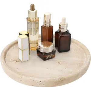Small Ceramic Vanity Tray for Bathroom Counter Decor, Round Marble Decorative Trays for Coffee Table (Beige, Large Size)