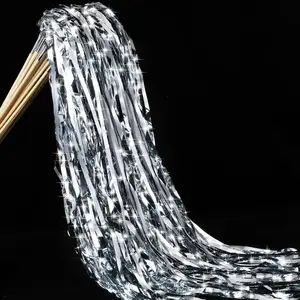 50 Pcs Silver Glittery Fairy Wands with Bells Foil Tinsel Ribbon Stick Wands Party Streamers for Bridal Wedding Send Off Holiday Celebration