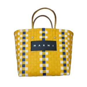 Pre-owned MARNI Authentic Woven Basket Tote Bag Yellow Blue Checkerboard Logo