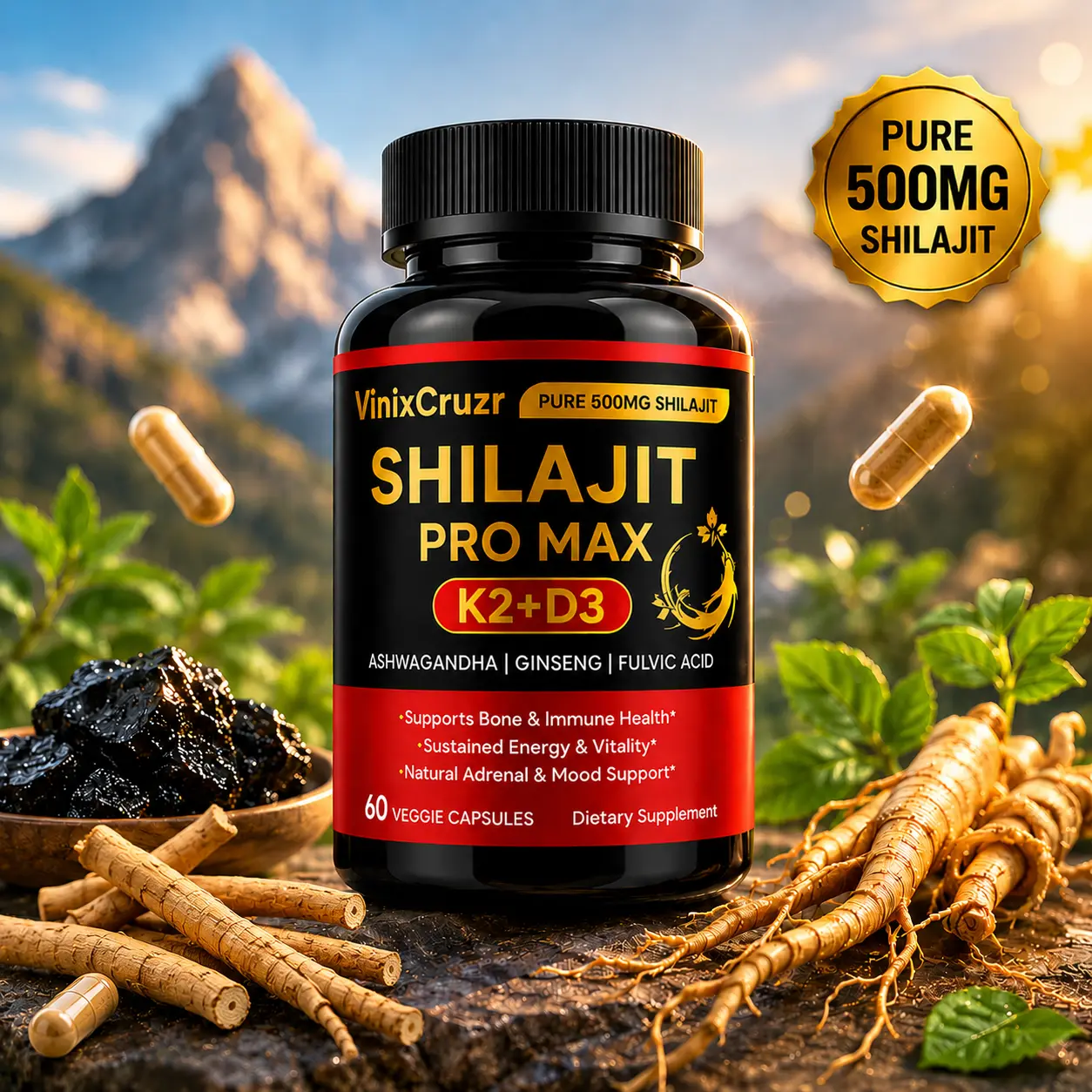 VinixCruzr Optimal Shilajit PRO MAX with K2 & D3 - 60 Capsules - Premium Fulvic Acid & 84+ Minerals for Immune Support, Energy & Anti-Aging