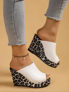 Women's Fashion Leopard Print Platform Sandals, Casual Comfortable Wedge Sandals for Summer, Female All-match Round Toe Sandals for Daily Wear, Walking Shoes, Open Toe Slides